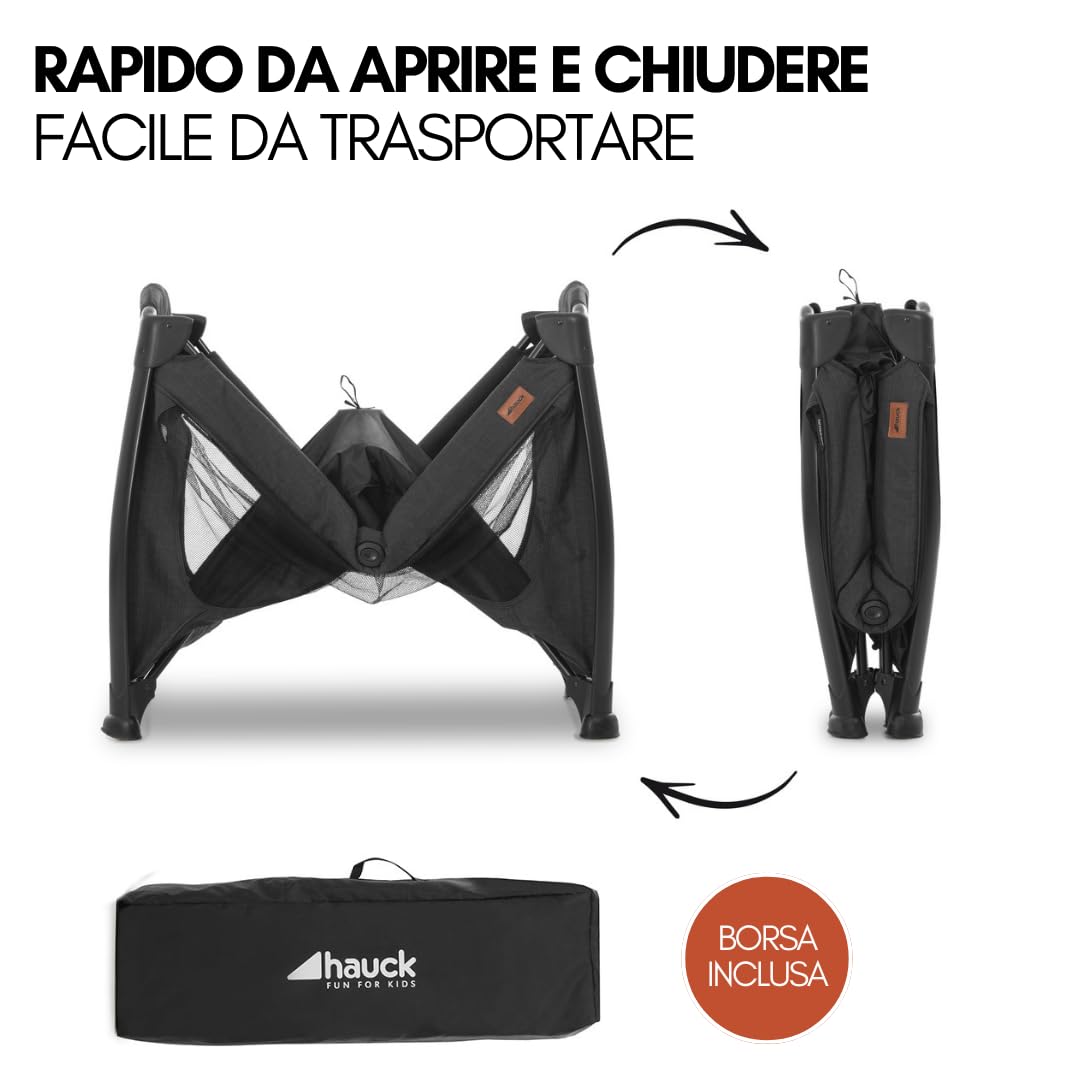 hauck Lettino Da Viaggio Play N Relax Center Set con Materasso Comfort e Zanzariera - Culla Neonato 120x60cm con 2 Livello, Fasciatoio, Borsa e Apertura - (Apertura laterale, Nero melange)