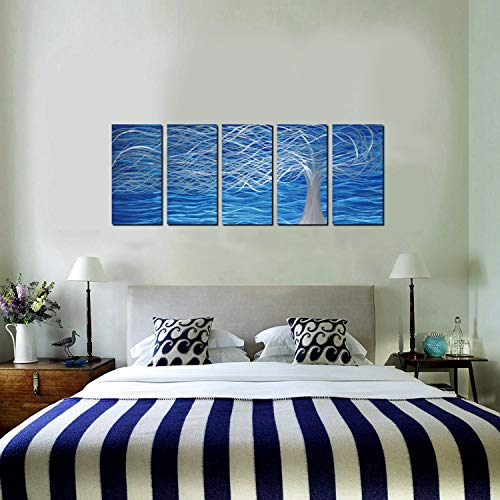 Unique Metal Wall Sculpture, Large Metal Wall Art With Tree Painting Design, Abstract Modern And Contemporary Décor, Aluminum Blue And Silver Artwork, Indoor And Outdoor Decoration, 5 Panels 84"Wx32"H #TOP4