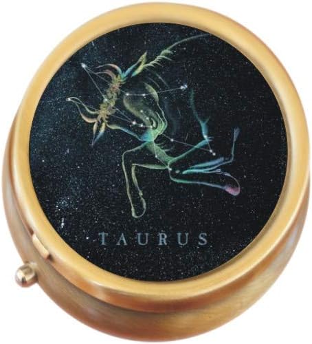 Taurus Bull Zodiac Stars Brass Round Pill Box