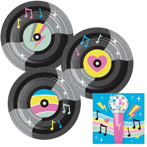 Karaoke Themed Party Tableware Supplies for 16 People | Bundle Includes Dessert Plates and Beverage Napkins | Birthday Beats Disco Design