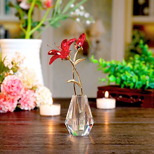 Crystal Tiger Lily Flower With Vase Metal Stem Red Lily Flower Collectible Gifts For Mom, Glass Lilium Floral Artifical Figurines For Home Wedding Party Decor #TOP5