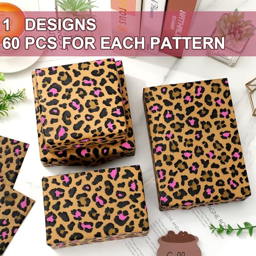 60 Sheets Leopard Print Tissue Paper Pink Floral Bouquet DIY Art Crafts Tissue Brown Safari Animal Gift Wrapping Paper for Home Classroom Office Party DIY Crafts Supplies, 14 x 20 Inch