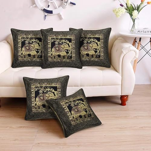 Image of Banarasi Jacquard Weaves Silk Settee Couch Cushion Covers 16 by 16 Set of 5 Gold Decorative Square Elephant Traditional Brocade Home Decor Cushions 16x16 for Sofa Lounge (Black)