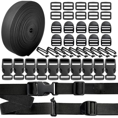 Sangle En Nylon Avec Boucle 25mm, 10 Yards De Sangle Avec 10 Paires Boucles Enfichables Et Fermetures Curseur De Sangle Boucle d'Échelle Clip De Connexion Pour Sac à Dos Diy Artisanat Collier De Chien