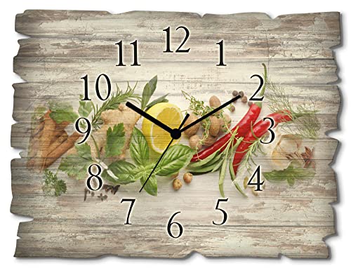 ARTLAND Wanddeko Wanduhr ohne Tickgeräusche aus Holz Funk Uhr lautlos Rechteckig 40x30 cm Essen Lebensmittel Gewürze Kräuter Zitrone Chilli Vintage Rustikal U1RK