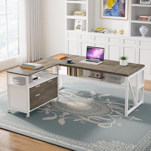 Image of Tribesigns L Shaped Desk with Drawer Cabinet, 63 inch Executive Computer Desk and lateral File Cabinet, 2 Piece Home Office Furniture with Drawers for Hanging File, Doors with Locks (Dark Oak, 63-inches)