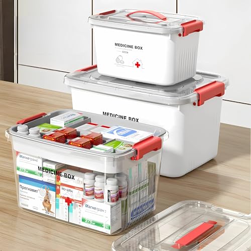 Image of HoopVool Plastic Medicine Storage Box Organizer, Family Emergency Kit Portable Lockable Container for, Art Craft and Household Organizer (Transparent, Large)