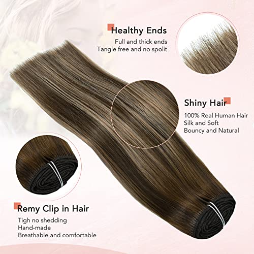 Human Hair Extensions Clip In Ombre Hair Chocolate Brown to Caramel Blonde Brazilian Hair 120g 7pcs Per Set 9A Remy Hair Full Head Silky Straight 100% Human Hair Clip on Extensions 18 Inch