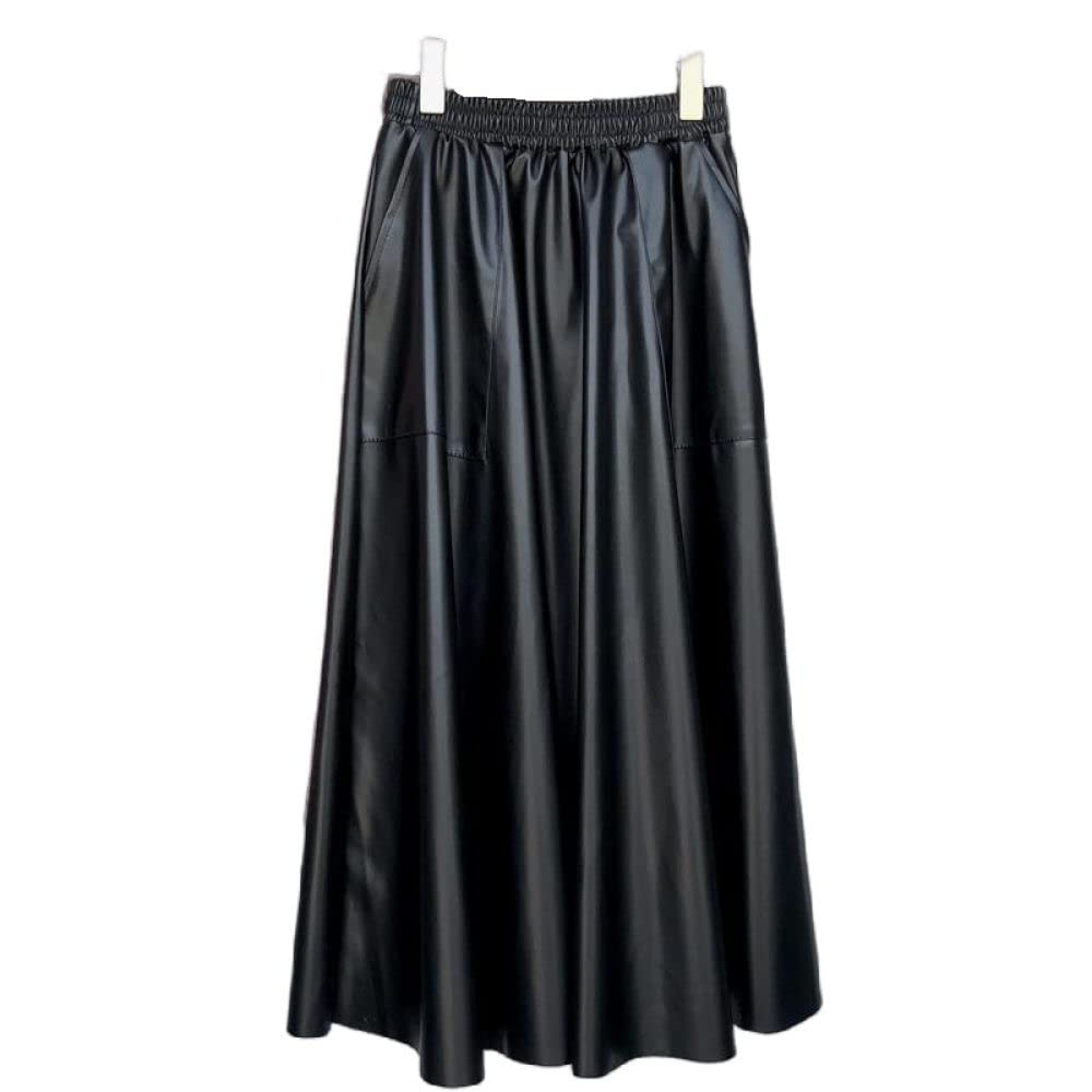 OZEO Röcke,Damenrock Aus Pu-Leder, Schwarz, Elastisch, Hohe Taille, Midirock, Einfarbig, A-Linie, Swing, Gerüscht, Lässig, Lange Röcke Für Mädchen, Damen, Herbst, Winter,S