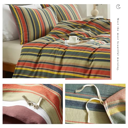Image of VM VOUGEMARKET Multi-Color Striped Duvet Cover, Full Size | Farmhouse Style, Washed Cotton,Red Green Stripes, 1 Duvet Cover with 2 Pillowcases