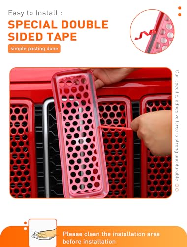 Image of Savadicar Front Grill Inserts for 2024-2025 Jeep Wrangler JL JLU 4XE & Gladiator JT - Elevate Your Wrangler's Aesthetics with Front Mesh Grille Cover Guard, Exterior Trim Accessories, 7 PCs, Red