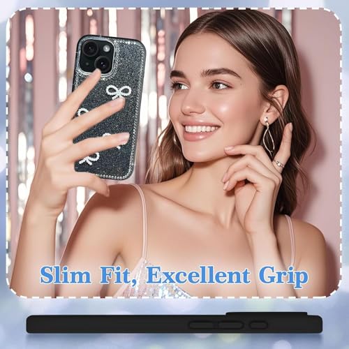Image of DIZORO Compatible for iPhone 14 Cover 6.1, Luxury Diamond Cute with Bow Glitter Bling Case with Full Camera Protection Shockproof PC+TPU Glossy Shiny Back Cover Case for Girls Women (Black)