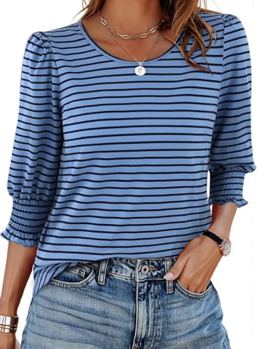 LilyCoco Womens Striped Shirt Casual Elegant Crewneck 3/4 Sleeve T Shirts