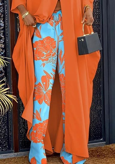 Women African 2 Piece Outfits Button V Neck Long Plus Size Split Caftans Wide Leg Pants Sets4