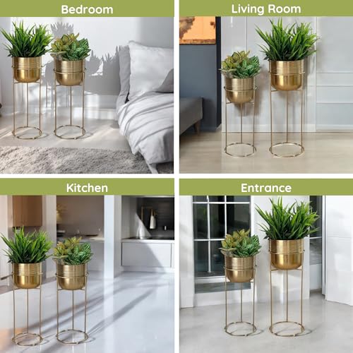 Image of Decorative Gold Planters with Round Stands for Indoor Plants | Electroplated Gold Metal Planters for Living Room Bedroom Balcony Home and Office | Set of 2 (Ribbed)