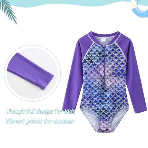 Image of Girls One Piece Rash Guard Long Sleeve Swimsuits for Girls UPF 50+ Sun Protection Bathing Suits 3-16 Years