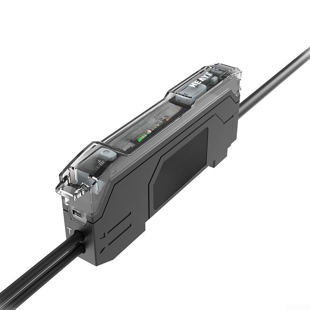 Sensor de fibra óptica para automatización FM E25 con emisor LED rojo y lectura digital