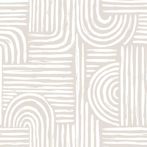 VEELIKE Beige Geometrische Tapete Modern Selbstklebende Tapete Geometrische Bogen Abstrakte Mustertapete Beige Tapeten Wohnzimmer Muster Möbelfolie Schlafzimmer Flur Wand Dekoration 44.5 cm × 300 cm