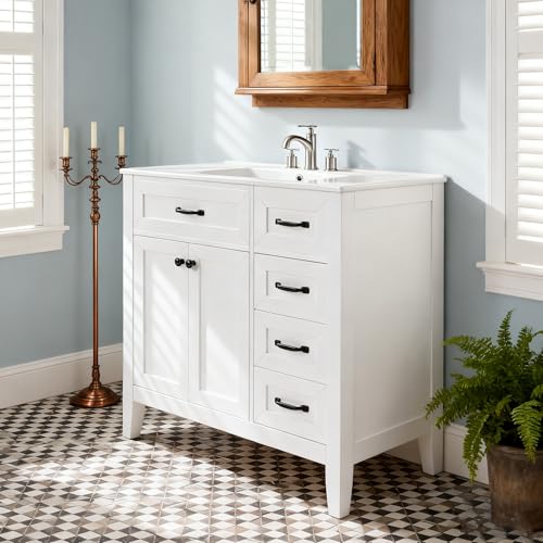 DlandHome 36”Bathroom Vanity with Sink,Freestanding Vanity Cabinet with Silver Handles,Soft Closing Doors & Drawers, Modern Bath Vanity with Ceramic Porcelain Basin,Faucet Not Included,White