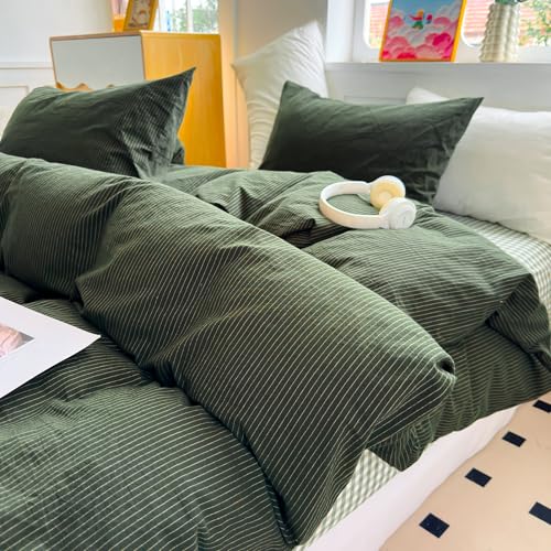 Image of PinkMemory Green Striped Duvet Cover King 100% Washed Cotton Olive Green Stripes Duvet Cover Set 3pcs Pinstripe Pattern Bedding Set with Zipper Closure Corner Ties,Soft Breathable