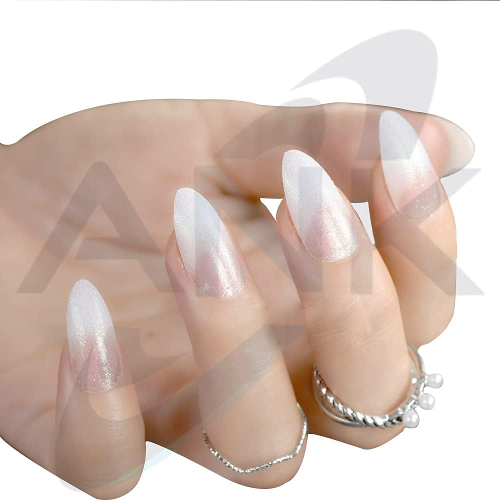 24 Stiletto false coffin false nail White Clear French Nail Glitter