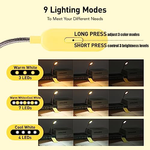 Image of VAVOFO Rechargeable Book Light for Reading in Bed Kids, 7 LED Reading Light with 9-Level Warm Cool White Daylight, Eye Care Lamp with Power Indicator for Bookworms (Yellow)