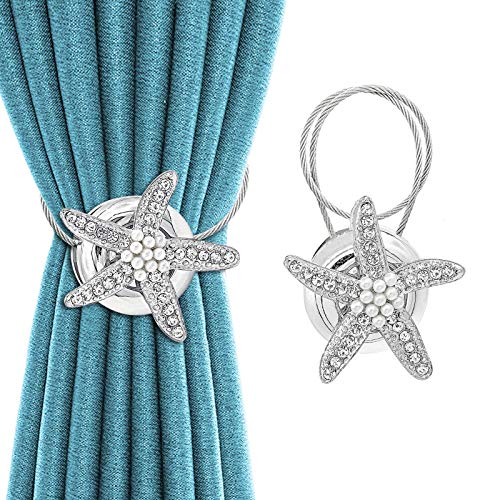 Curtain Tiebacks Crystal Curtain Holdbacks Silver Magnetic Curtain Buckle Tieback Holder Starfish Decorative Curtain Tie Back Hooks for Drapes, 1 Pair (Set of 2)