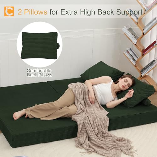 Image of COMAX Futon Sofa Bed, Convertible Folding Sofa Bed, Boneless Couch Loveseat Corduroy with Pillows, Small Foldable Floor Couch Comfy Lounge Sleeper for Living Room Bedroom, Green