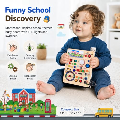 Image of Busy Board with LED Light Switches, Montessori Toys for 1 2 3 Years Old, Toddlers Wooden Toy Sensory Activity Board, Travel Toys for 1+ Year Old Boy & Girl Birthday Gift (School)