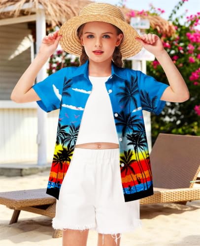 Image of Remimi Unisex Kids 4th of July Button Up Shirt Boys American Flag Print Hawaiian Beach Short Sleeve Tops 5-14 Years