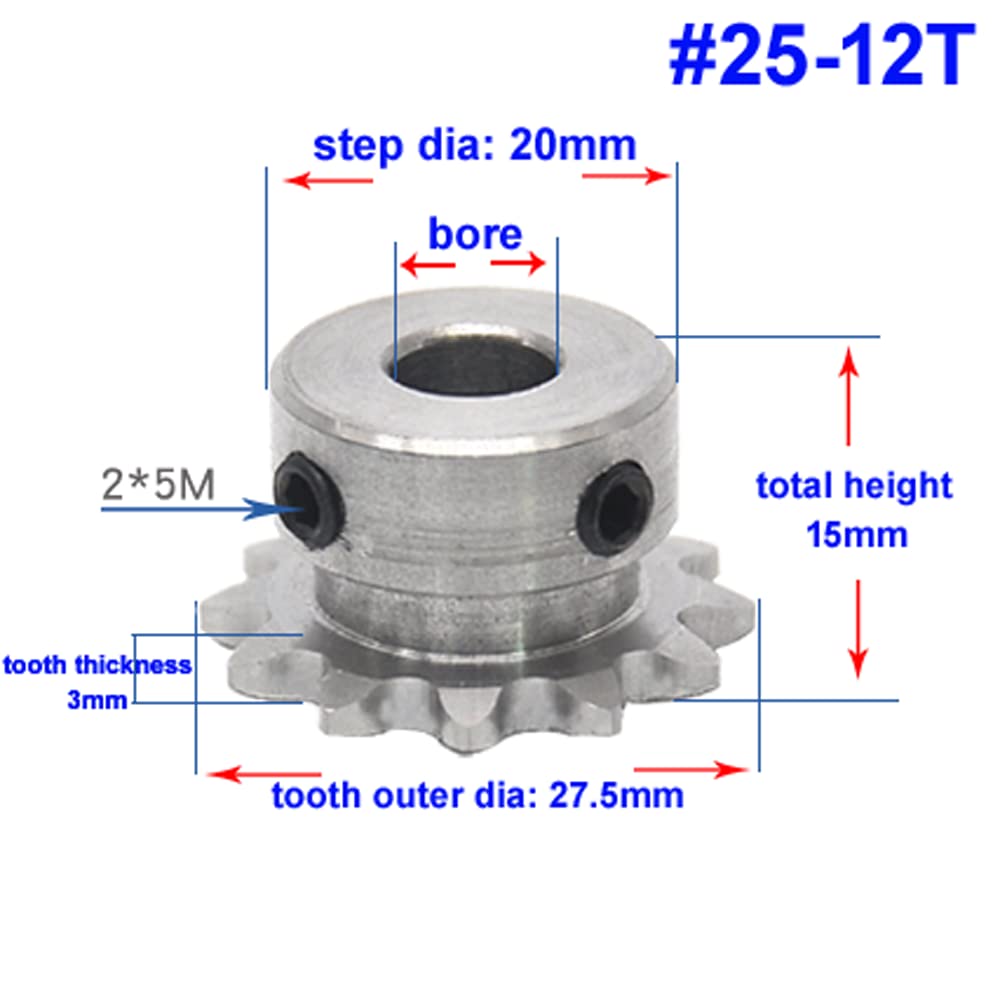 25 Ruota dentata for trasmissione a catena in acciaio inossidabile 10 denti 04C10T - foro 8 mm, passo 1/4 for catena a rulli #25H con viti di fissaggio (N. 2840)(#25-12T bore:8mm