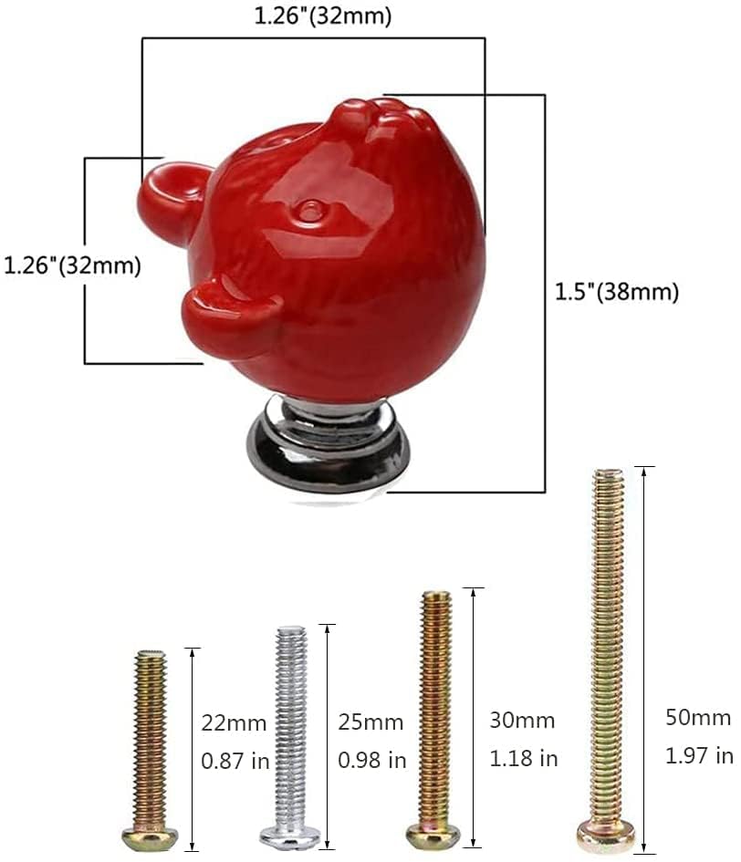 MayGreeny Cute Bear Ceramic Knobs 6Pcs Drawer Handles DIY Cabinet Pulls Dresser Closet Wardrobe Kids Cupboard Door Kitchen Furniture Decoration with Mounting Screws (Red) - Image 3