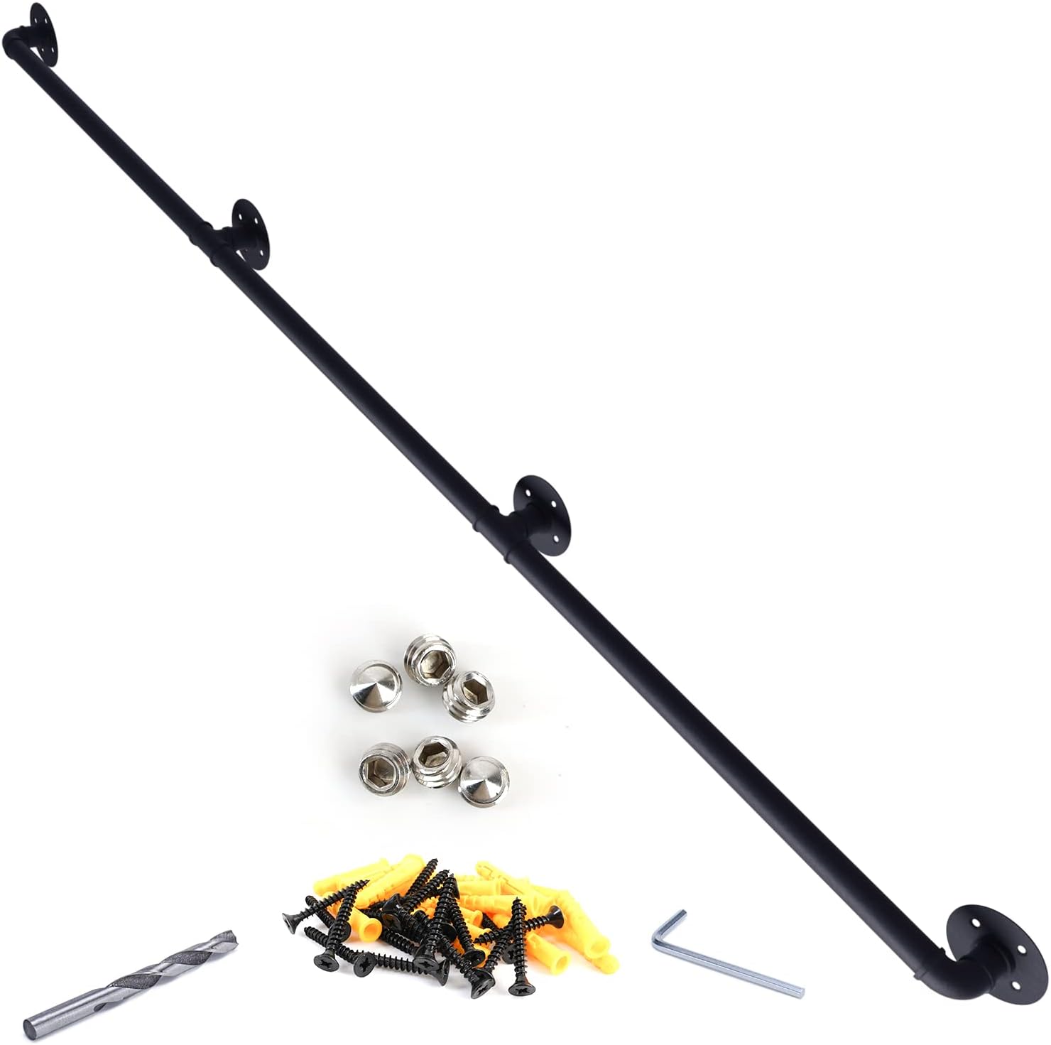 Muzata 11.4ft Staircase Handrail Black Pipe Handrail Staircase Steps Hand Rail for Indoor Stairs 440LBS Load Capacity Wall Mount Support Galvanized Steel Industrial Style, HW24 BBG