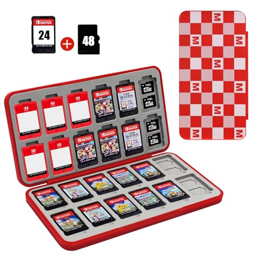 Image of FYY Nintendo Switch Game Case Holder for Switch 2 Cartridge Case with 24 Game Card Slots & 48 Micro SD Card Slots, Hard Shell, Silicone Lining Red M Pattern