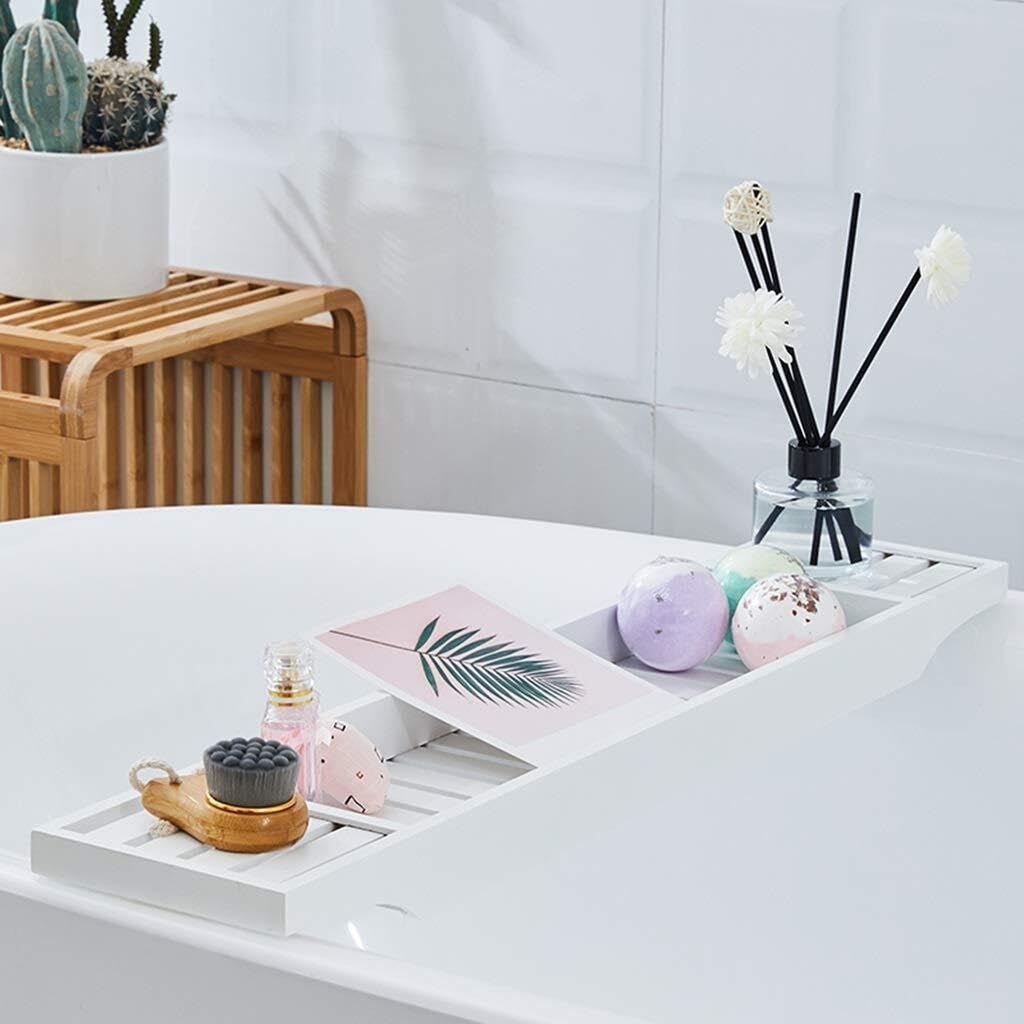 Bandeja ajustable de bambú para bañera, 72,2 x 15 x 4,3 cm, estante de lectura impermeable y estante de almacenamiento para baño, spa y relajación, perfecto para libros, tabletas y bebidas