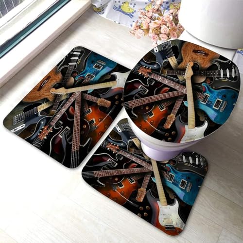 Set 3 Teilig Badvorleger Musikinstrument Gitarren Typ, Cooler Rock Stil Druck Konturmatte Weiche Badezimmer Matte, Für Wohnzimmer, Wc-Sitz Bezug