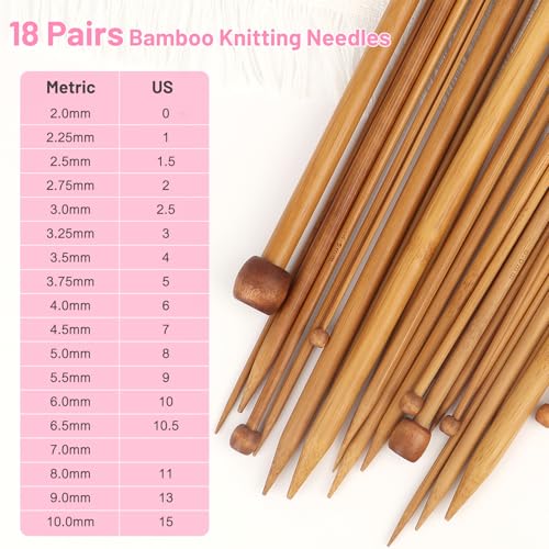 Image of Aeelike 18 Pairs Bamboo Knitting Needles Set - 14 Inches Wooden Knitting Needles Single Point with Flower Roll Bag - Portable Knittings Needle Set for Beginners (2mm - 10mm)