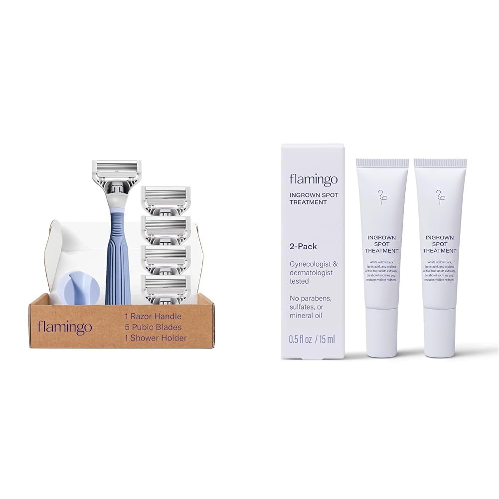 Flamingo Pubic Hair Razor for Women Shaving Kit and Flamingo Ingrown Hair Treatment, Spot Treatment Applicator, 0.5 FL OZ, Pack of 2- Dermatologist & Gynecologist Tested
