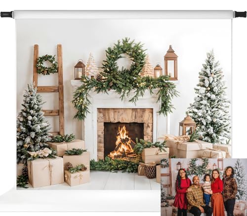 Fond de studio Noël sapins et cheminée blanche en boîte cadeau pour des photos de famille magiques