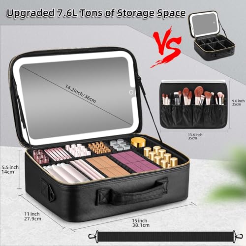 Large Travel Makeup Bag with LED Mirror, 3-Color Stepless Dimming Stand Mirror Detachable, with Adjustable Divider, Makeup Brush Holder Storage (Black)2