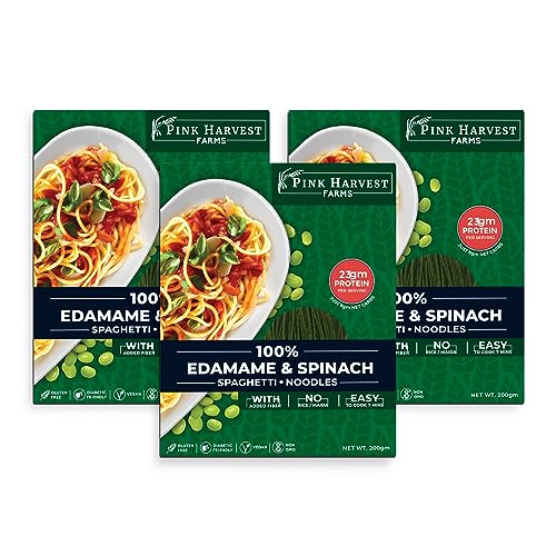 Image of Pink Harvest Farms Edamame & Spinach Spaghetti Noodles | No Rice - No Maida | Vegan | Gluten Free | High Protein | Keto | 3 x 200gm Pack