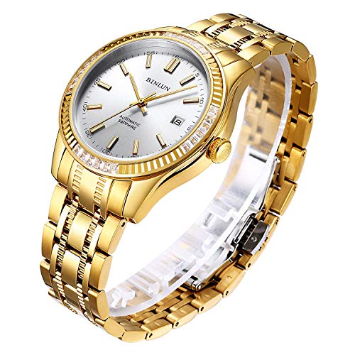Image of BINLUN Men's Automatic Gold Watches 18K Gold Plated Diamond Mechanical Watch Waterproof Stainless Steel Skeleton Wrist Watch for Men