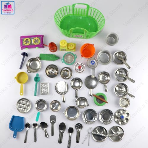 Image of Miniature Kitchen Set for Kids Girls | Real Cooking Kit for Play | Steel Kitchen Set for Girls | Choppu Jaman | Miniature Cooking Set (Pack - 50)