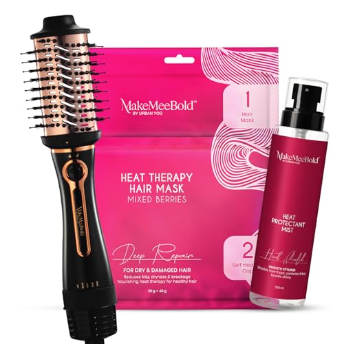 Image of Urban Yog MakeMeeBold Styling & Care Combo | 3-in-1 Hot Air Brush + Heat Therapy Mask with Self-Heating Cap + Heat Protectant Spray 200ml | Dryer, Straightener, Volumizer | Repair, Frizz-Free, Smooth & Shiny | Gifts for Women