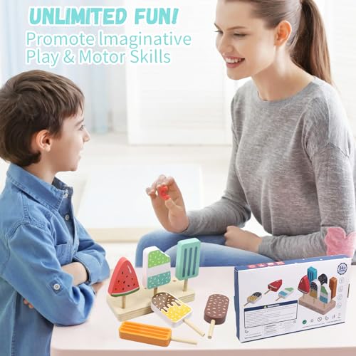 Eisdiele Kinder Holz Eiscreme Spielzeug, EIS am Stiel Holzspielzeug, EIS Spielzeug für Kinder, Kaufladen Zubehör Spielküche Rollenspiele für Kind Mädchen Jungen 3 4 5 6 Jahren Montessori Spielzeug