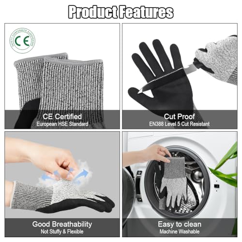 Ainiv 1 Pair Safety Work Gloves, Black Nitrile Coated Gardening Gloves Men Women, Non-Slip Ultra-Grip Work Gloves - Image 4