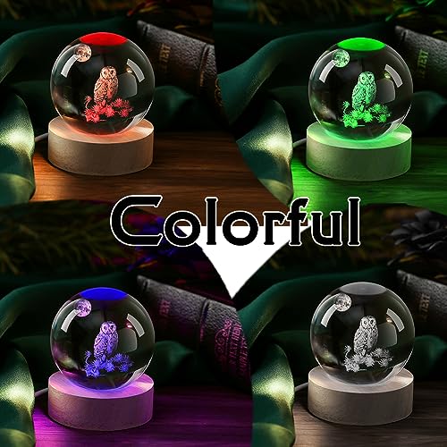 Image of 3D Owl Crystal Ball 60mm Owl Figurines in Crystal Ball Decor Collectibles Snow Globes Gift Glass Sphere with Wooden Light Base | Owl Figurines Room Decor Collectibles Snow Globes Gift for Friends Coworkers Glass Sphere with Wooden Light Base