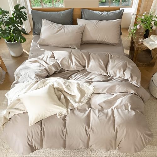 Image of MooMee Duvet Cover Set 100% Washed Cotton Linen Like King | Relaxed Linen-like Texture. Soft, Breathable & Long-lasting Comfort. Lightweight. Hidden Zipper with 8 Interior Corner Ties
