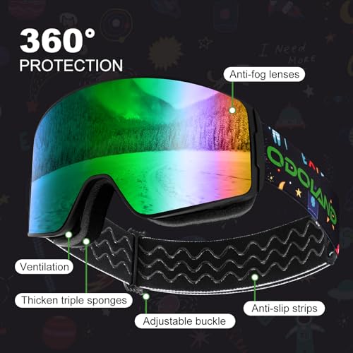 Odoland OTG Ski Goggles for Kid and Youth UV Protection and Anti-Fog Len for Children Double Grey Spherical Lens Snowboard Goggles Perfect for Boys and Girls for Sunny and Cloudy BG - Image 3
