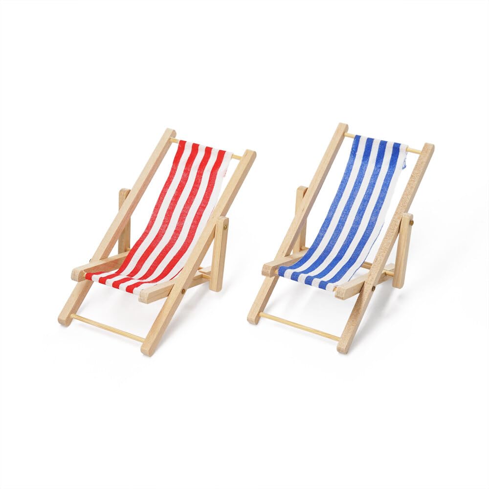 Odoria 1/12 Miniature Beach Chair 2Pcs Dollhouse Furniture Outdoor Accessories, Red and Blue